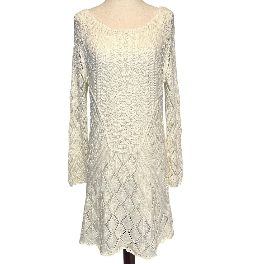 H&M Women Medium Crochet Open Knit Mini Dress White Long Sleeve Boho Beach Bride